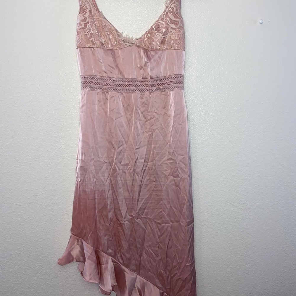 Pink Satin Slant Slip Dress with Eyelash Lace Trim